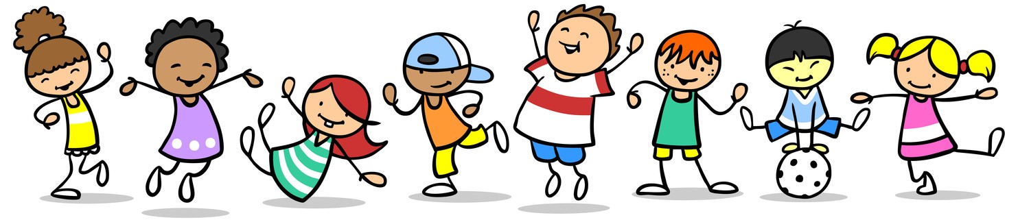Verschiedene glückliche Kinder spielen und tanzen Verschiedene gezeichnete glückliche Kinder spielen und tanzen und springen gemeinsam