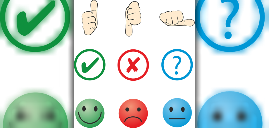 Smileys, Haken und Daumen zeigen Zustimmung und Ablehnung.