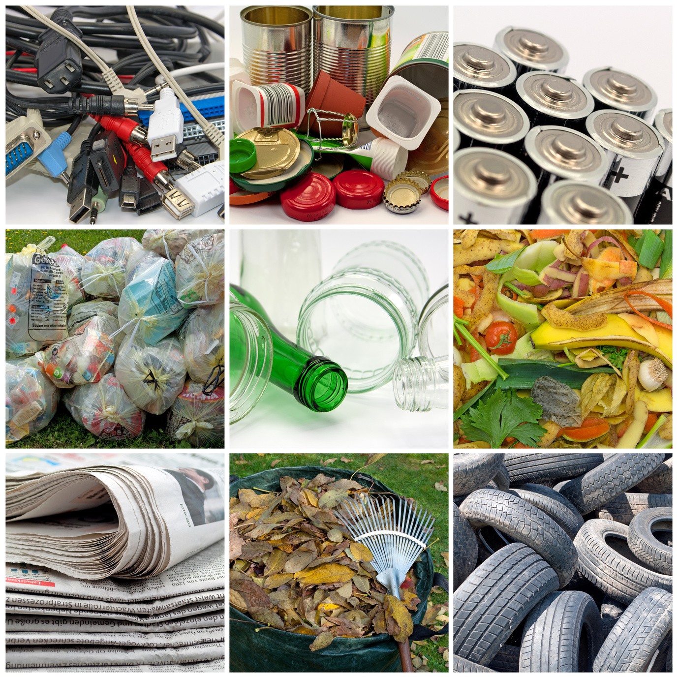 Recycling Eine Collage aus Bildern, die verschiedene Müllarten zeigt