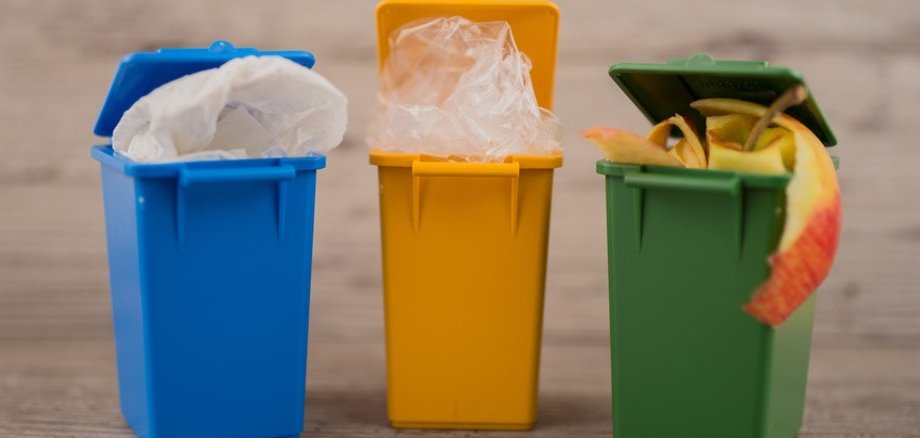 Drei verschiedenfarbige Minimülltonnen.