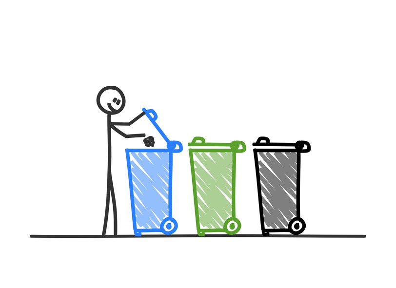 Ein Strichmännchen wirft Müll in eine blaue Tonne.