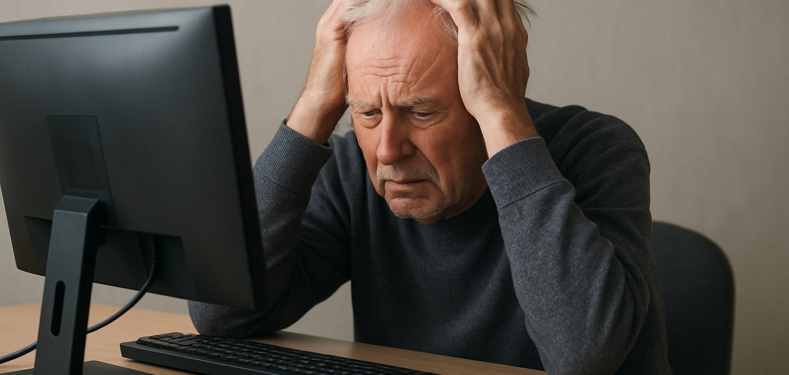 Verzweifelter Senior vor dem Bildschirm. KI generiertes Bild