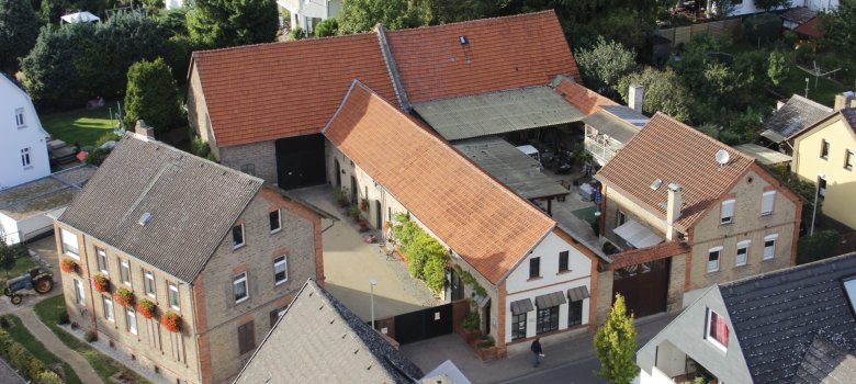 Die historischen Gebäude der Hofreite von oben.