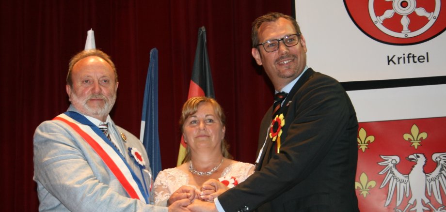Die Bürgermeister der drei Städtepartner Kriftel, Airaines und Pilawa Gorna 2018.
