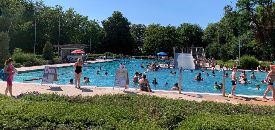 Ein gut besuchter Parkbad-Tag im Juni: Viele Menschen sind im Wasser.