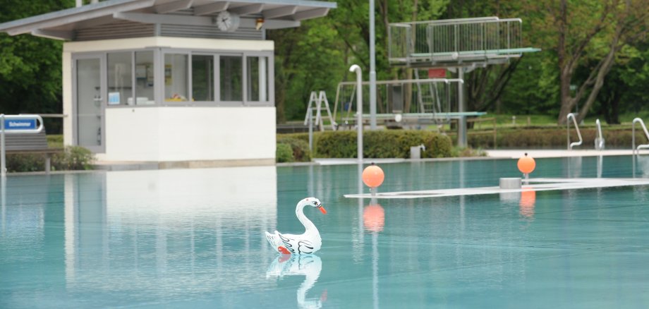Das leere Schwimmbad mit Gummischwan.