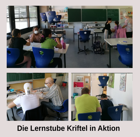 Eine Collage von mehreren Bildern, die die Hausaufgabenhelfer mit Schülern zeigen.