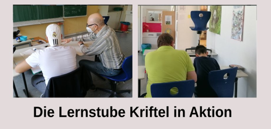 Eine Collage von mehreren Bildern, die die Hausaufgabenhelfer mit Schülern zeigen.