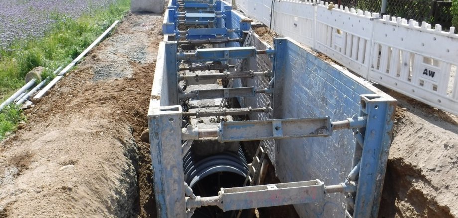 Eine große Baustelle mit Beton und Kanalrohren im Holzweg.