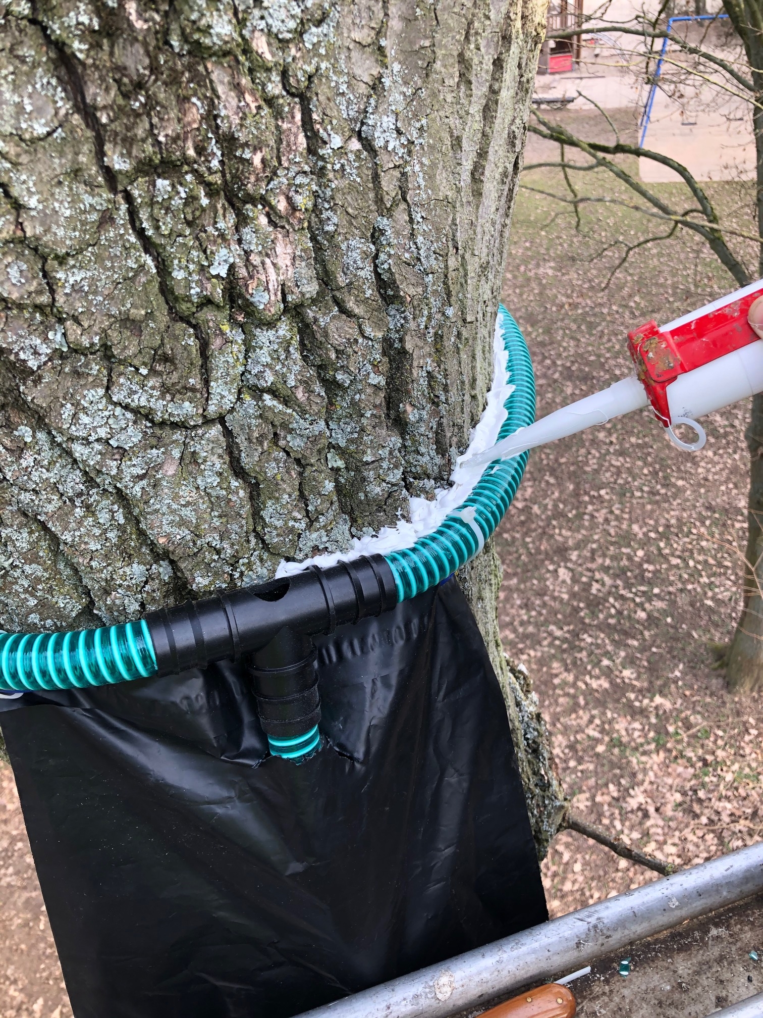 Die Falle besteht aus einem Rohr und einem schwarzen Sack.