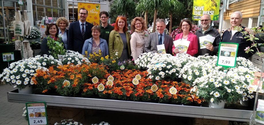 Großer Prominenz inmitten von blühenden Blumen im Tropica.