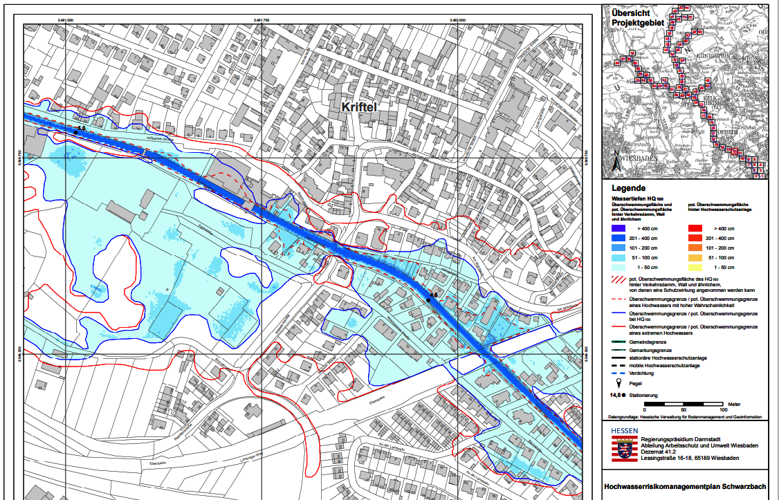 Die Karte zeigt Hochwasserrisikogebiete in Kriftel an.