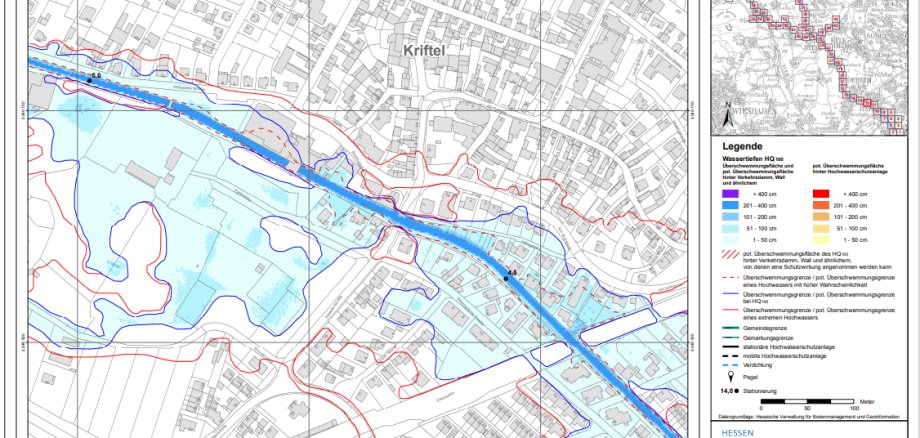Die Karte zeigt Hochwasserrisikogebiete in Kriftel an.