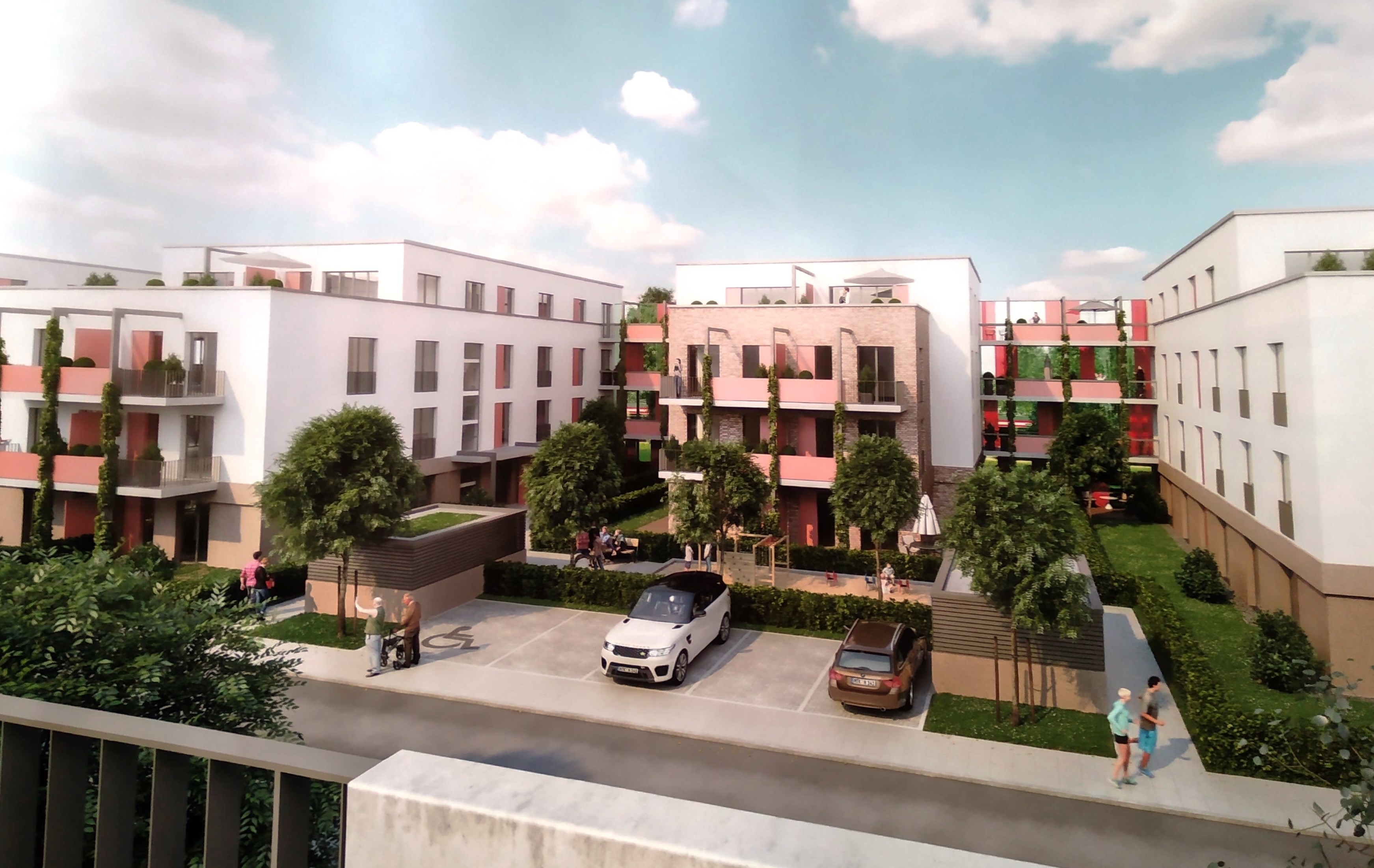 Ein Mehrstöckiges Gebäude mit Innenhöfen und Balkonen auf durchsichtiger Lärmschutzwand.