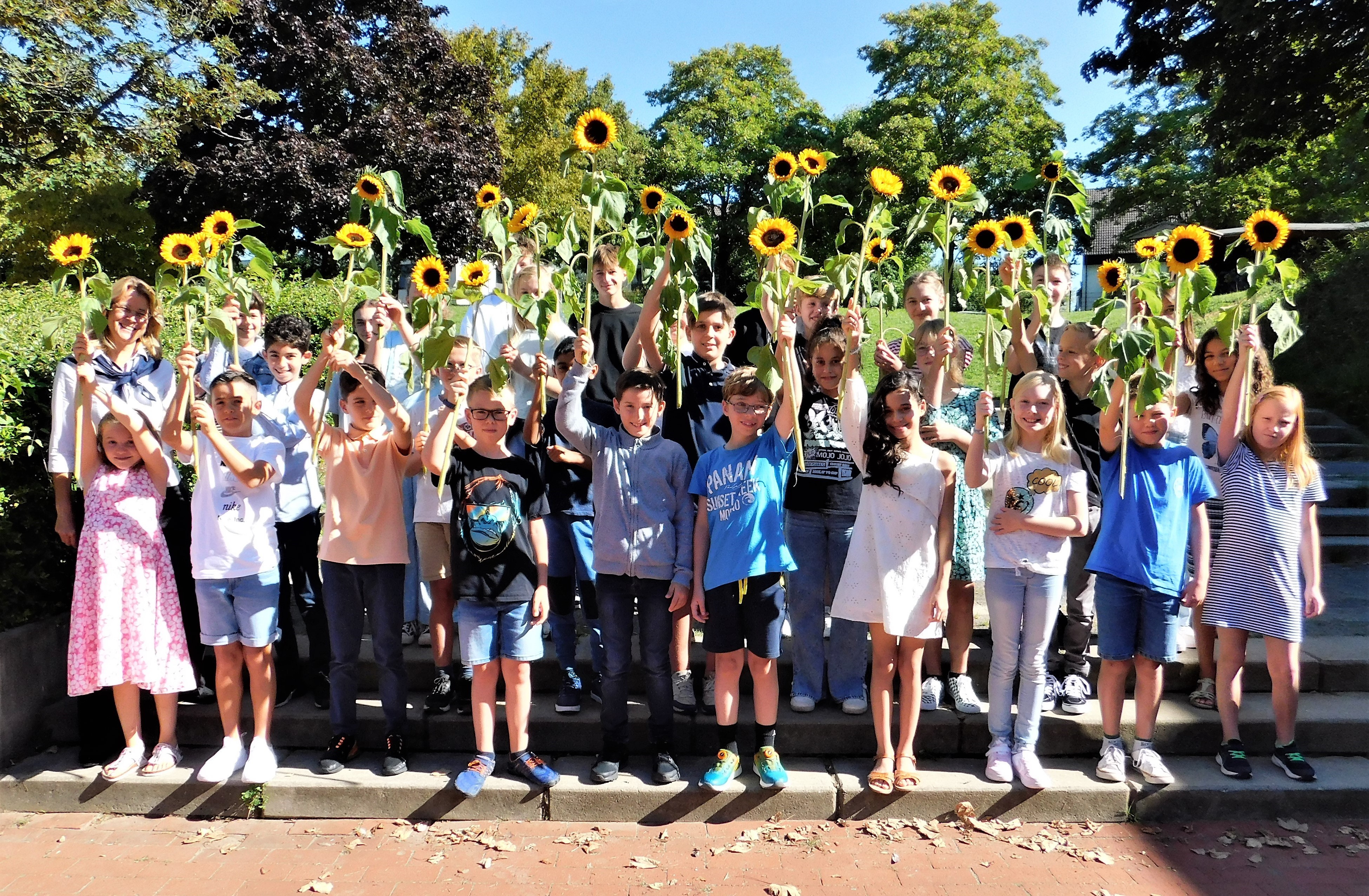 Fünftklässler mit Sonnenblumen auf dem Schulhof.