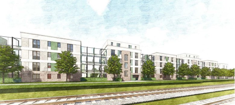 Eine Ansicht des geplanten Gebäudekomplexes an der Bahnlinie.