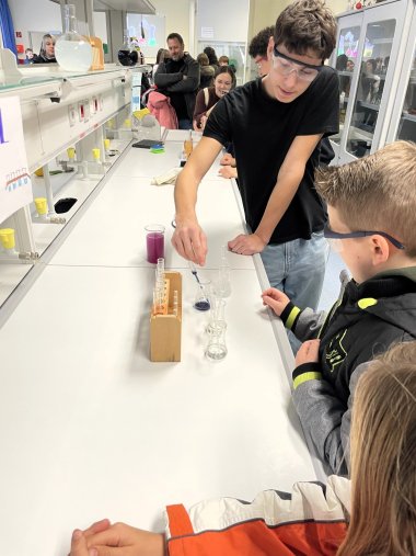 Schüler erklärt Chemieversuche.