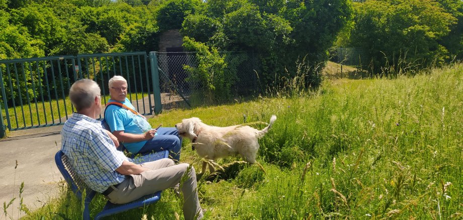 Franz Jirasek mit Spaziergänger sitzen auf der neuen Bank. Ein Hund steht davor.