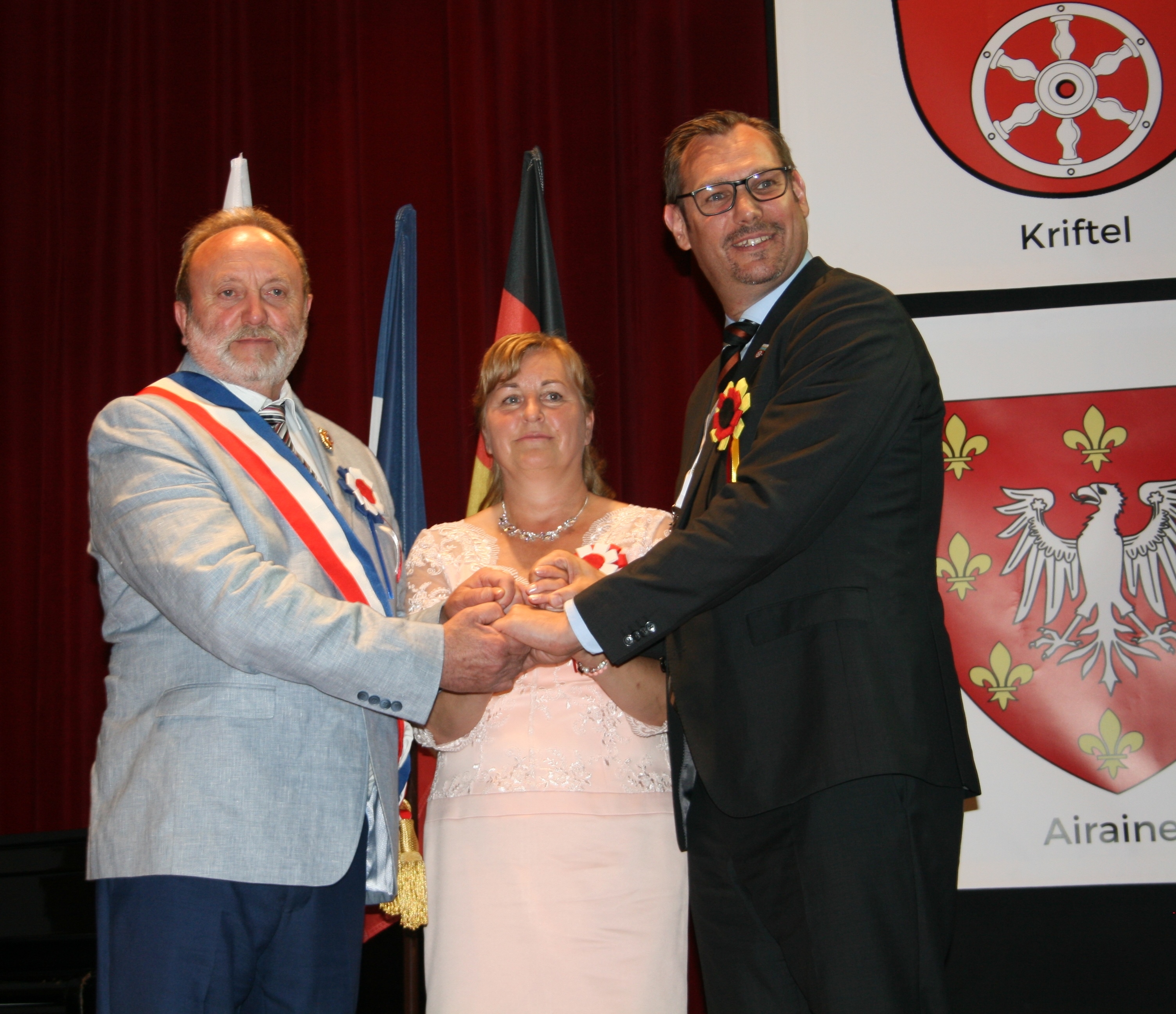 Die Bürgermeister der drei Städtepartner Kriftel, Airaines und Pilawa Gorna 2018.