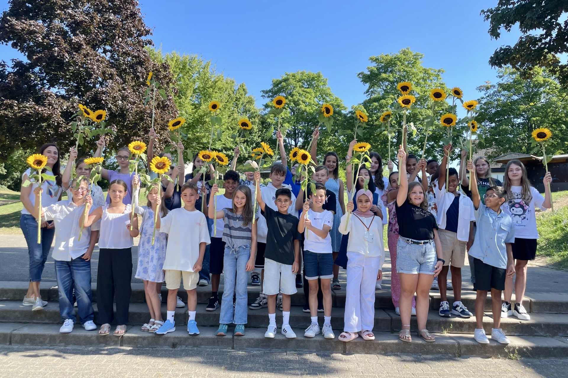 Eine Realschulklasse mit Sonnenblumen.