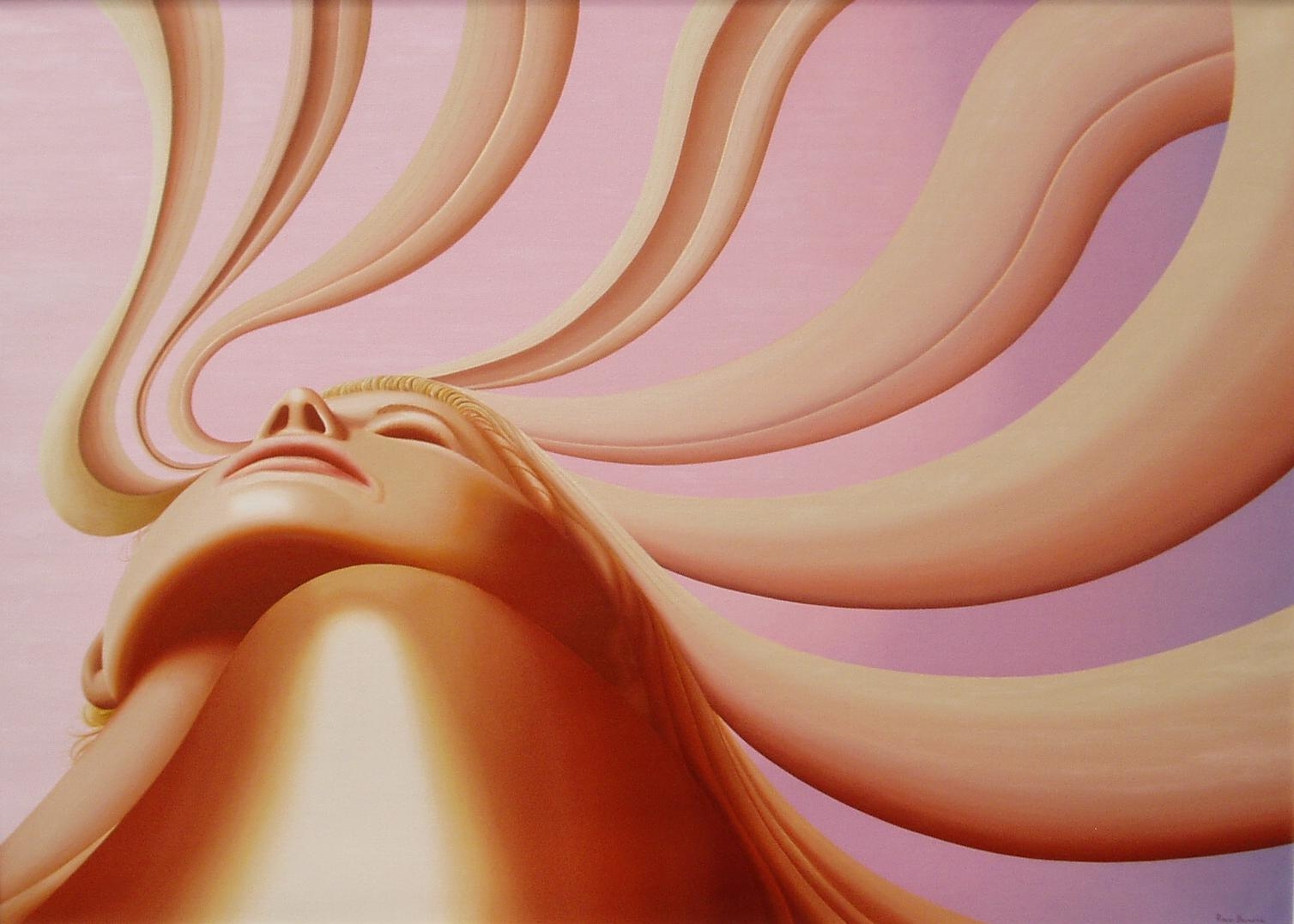 Eine Frau mit strahlenförmig verwehten, blonden Haaren.