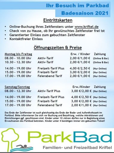 Eine Übersicht über Preise und Öffnungszeiten.