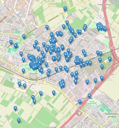 Viele blaue Pfeile, also Einträge, auf einer Karte von Kriftel.